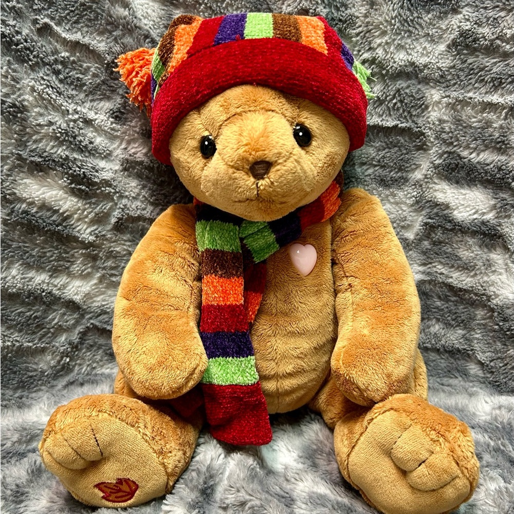 Vintage Cherished Teddies Brown Bear with Striped Scarf and Hat